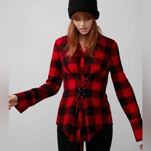 Express Red and Black Plaid Lace-Up Shirt